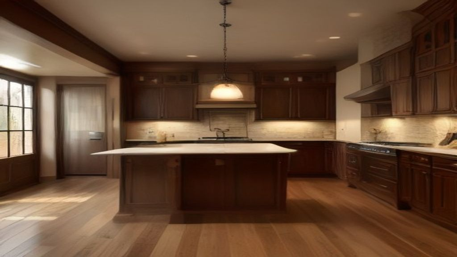 Photoreal Encino two-unit house and material samples, no diagrams