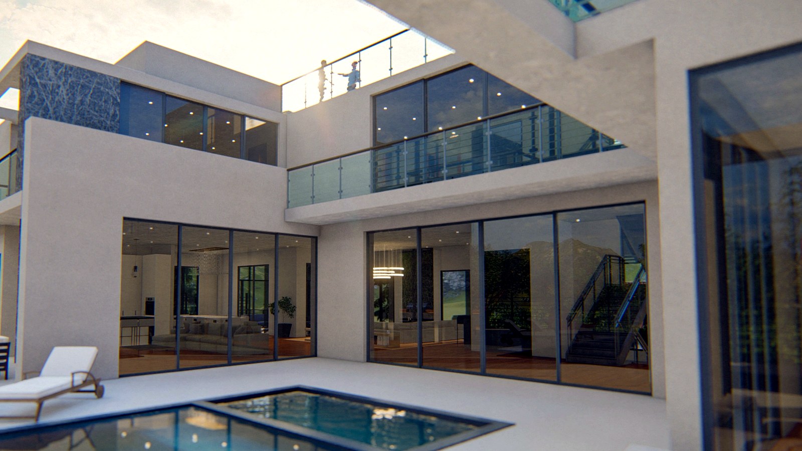 Photoreal Encino two-unit house and material samples, no diagrams