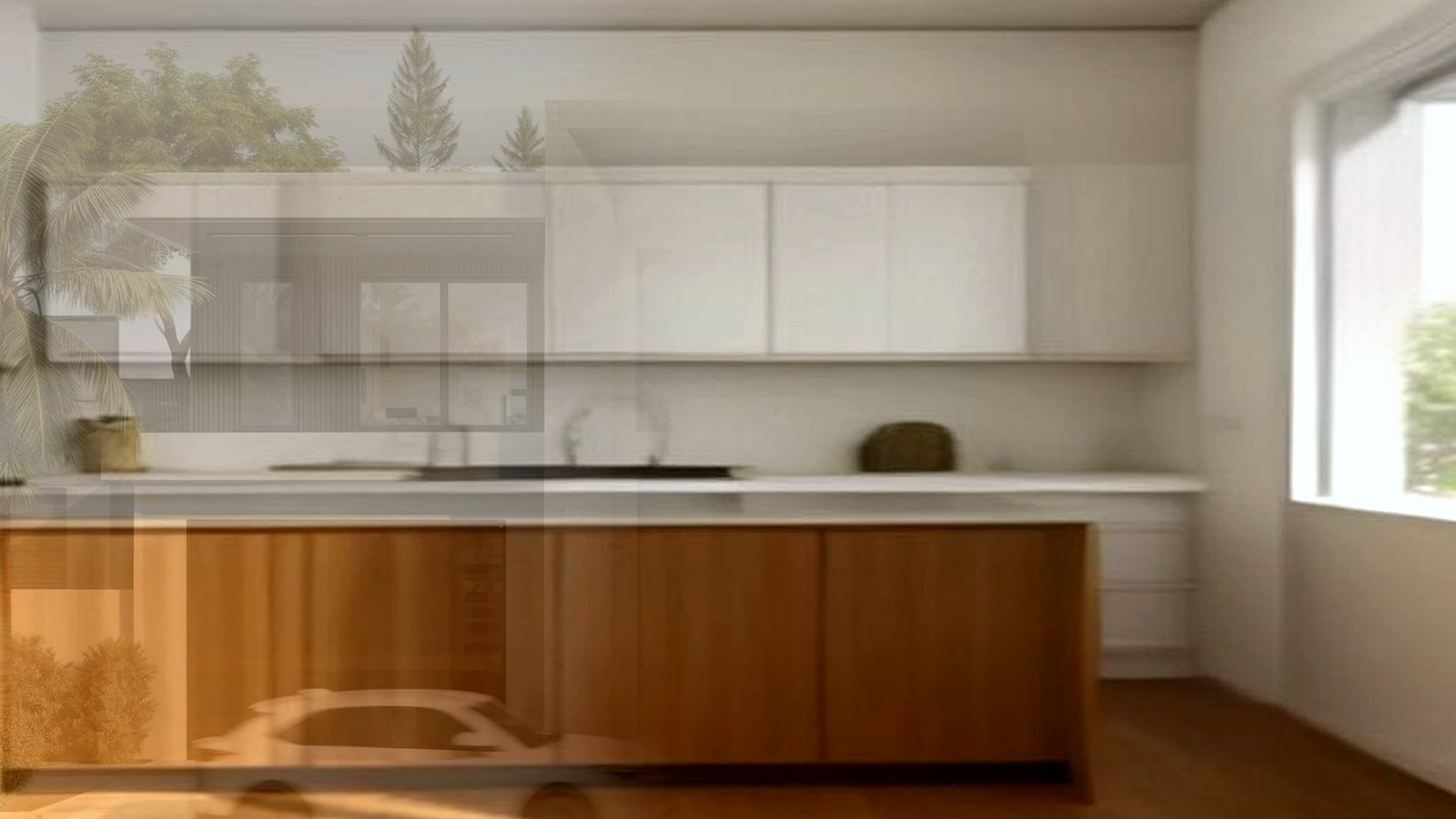 Photoreal Encino two-unit house and materials for an SB9 budget review, no people or dollar signs