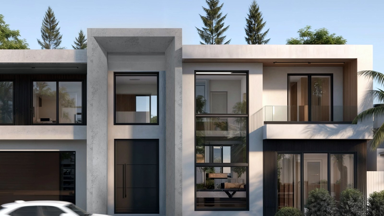 Photoreal Encino two-unit house with construction materials, no logos or text