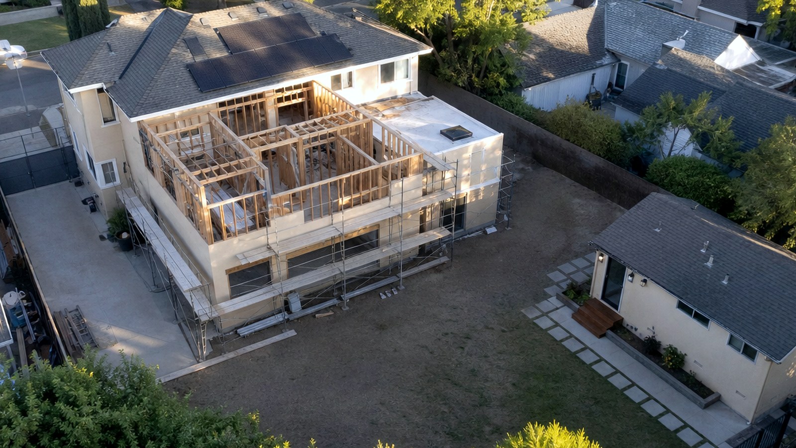 Photoreal Encino two-unit house and material samples, no diagrams