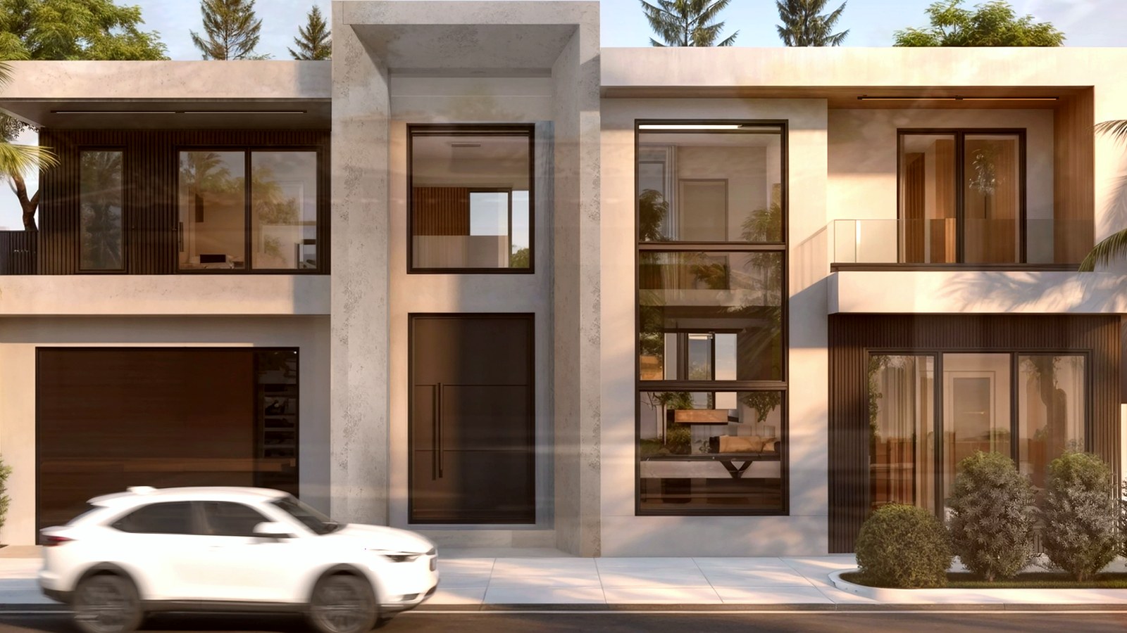 Photoreal Encino two-unit house and materials for an SB9 budget review, no people or dollar signs
