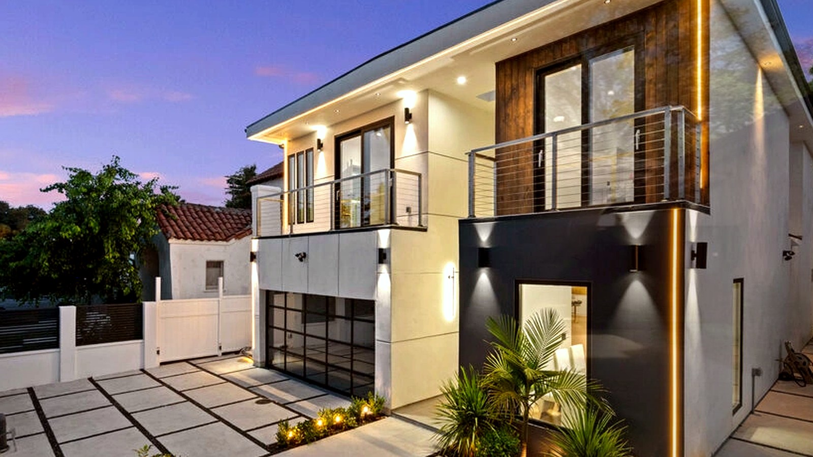 Photoreal Encino two-unit house and material samples, no diagrams