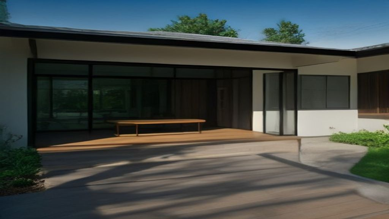 Photoreal Encino two-unit house with construction materials, no logos or text