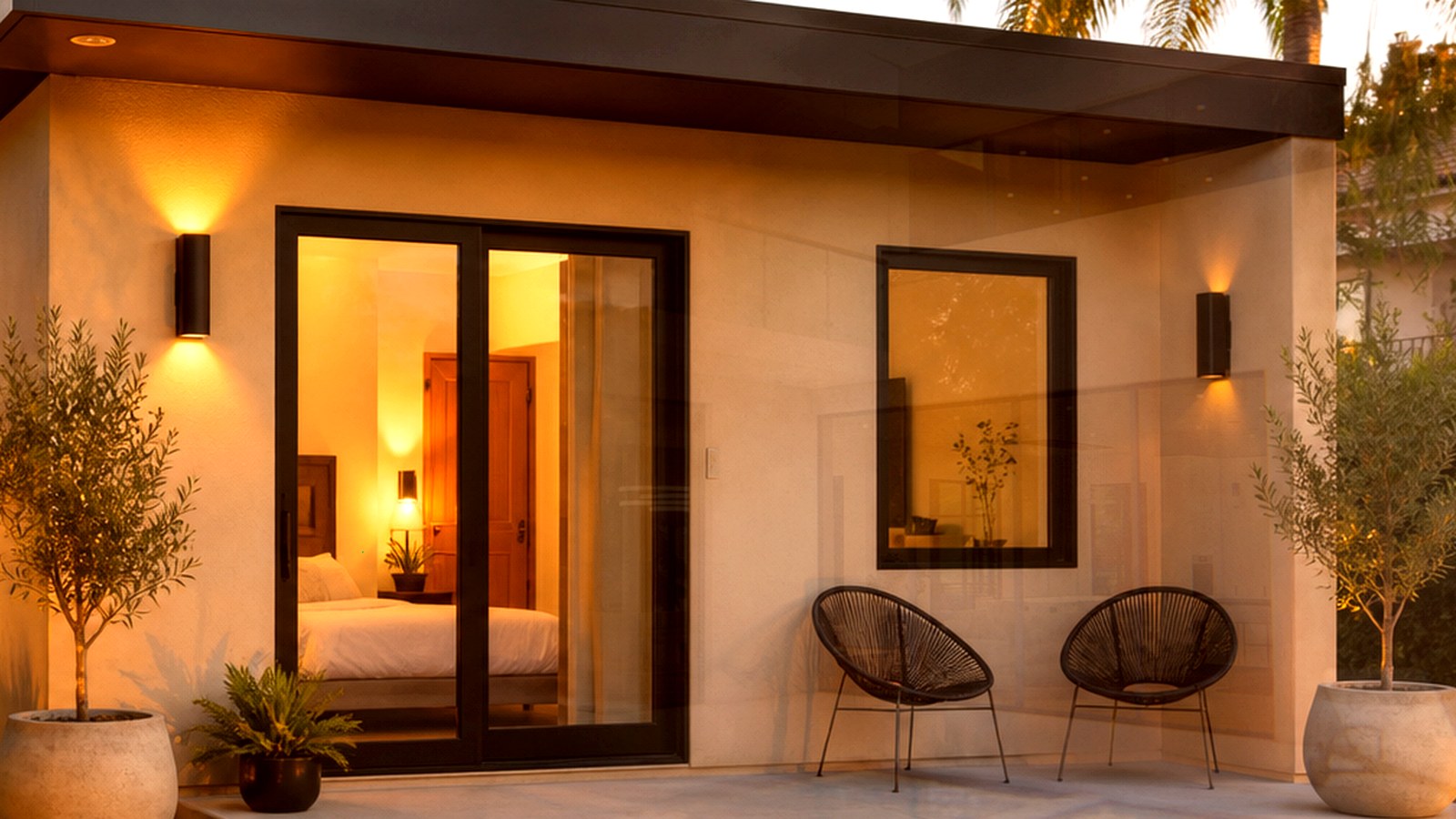 Photoreal Encino two-unit house and material samples, no diagrams
