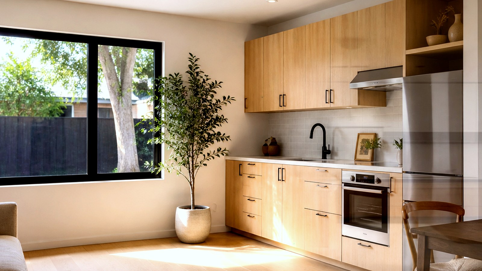 Photoreal Encino two-unit house and materials for an SB9 budget review, no people or dollar signs
