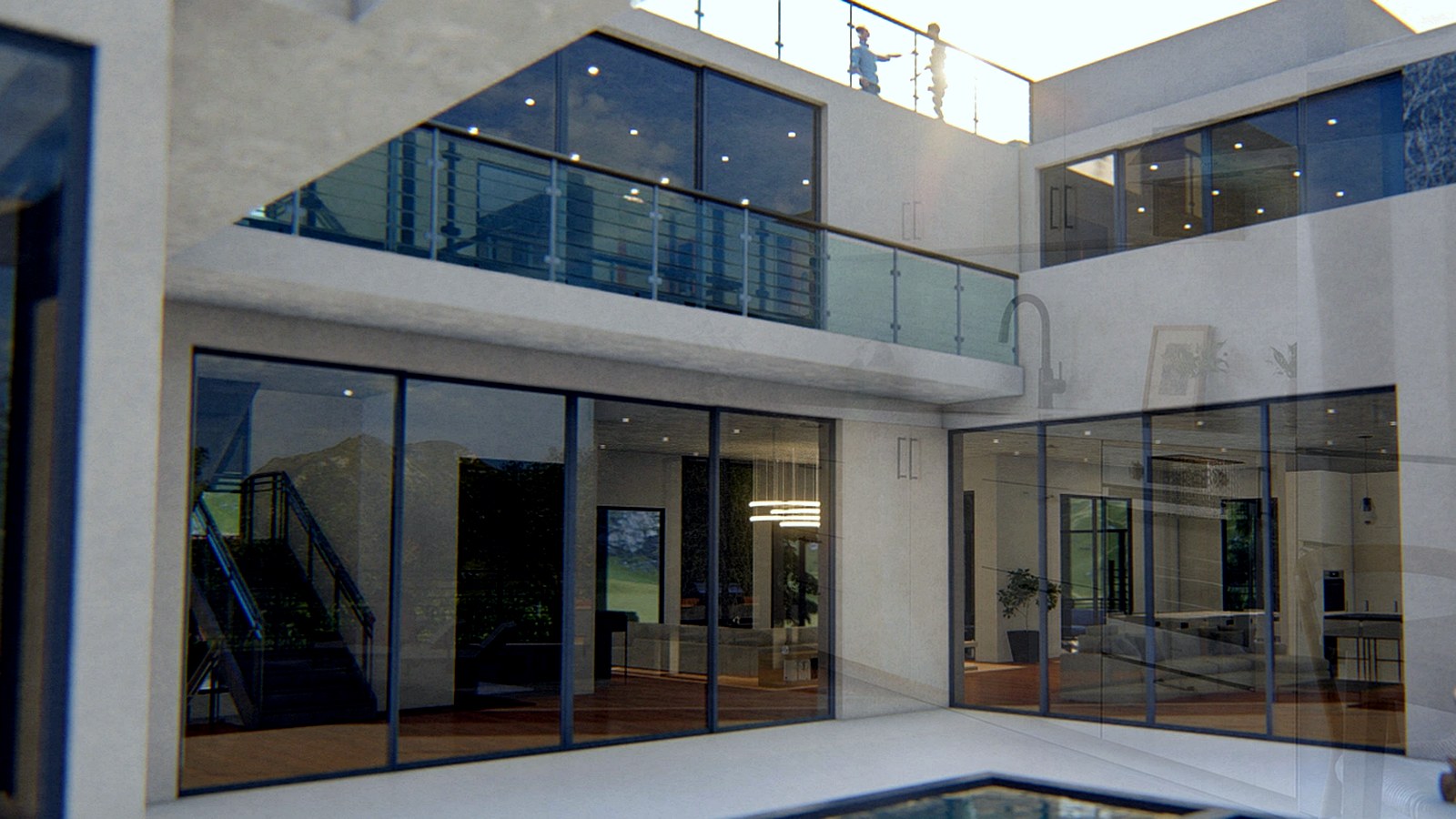 Photoreal Encino two-unit house and material samples, no diagrams