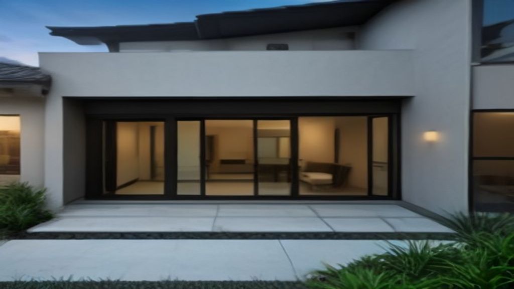 Photoreal Encino two-unit house with construction materials, no logos or text