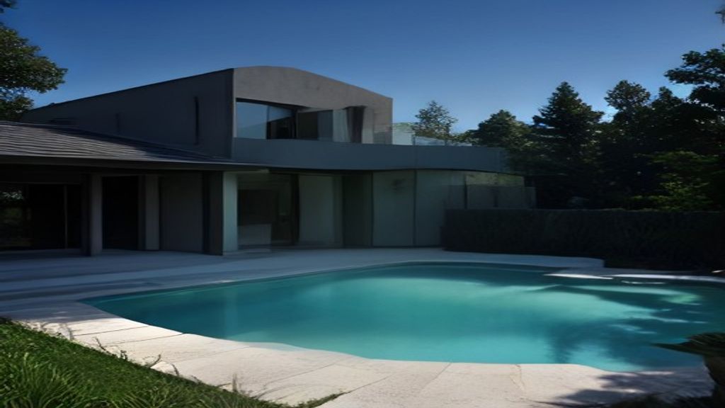 Photoreal Encino two-unit house with construction materials, no logos or text