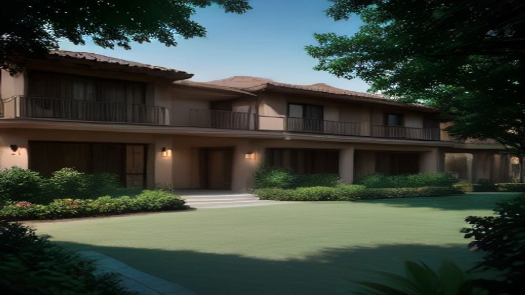Photoreal Encino two-unit house and materials for an SB9 budget review, no people or dollar signs