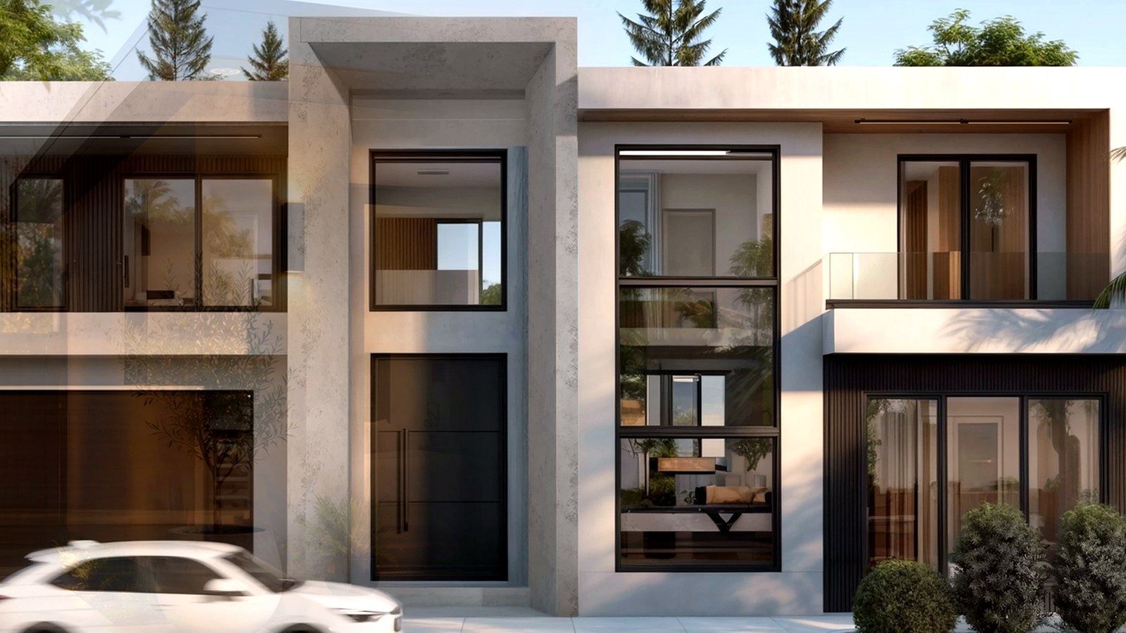 Photoreal Encino Los Angeles two-unit lot and finish materials, no dollar signs