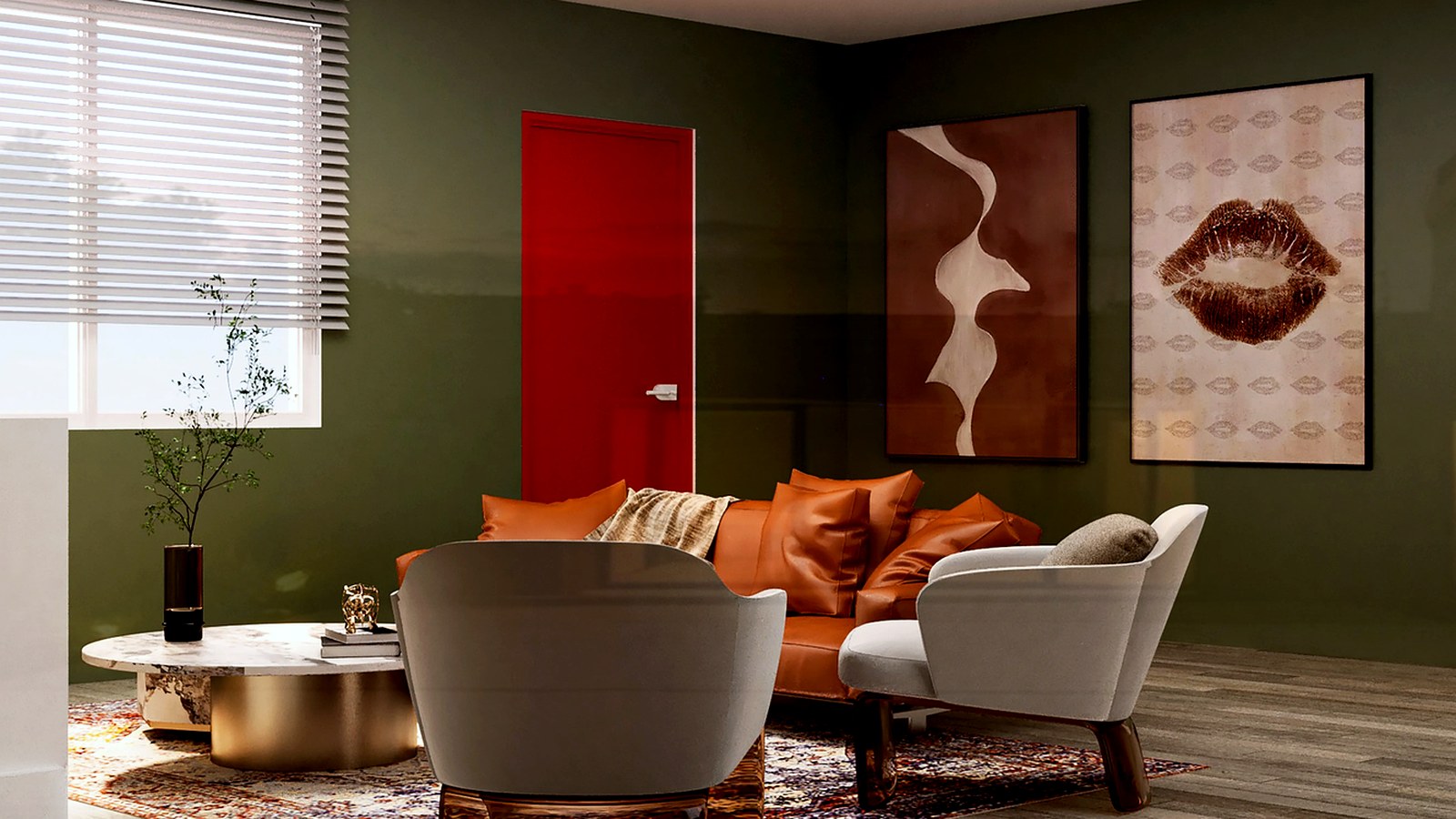 Photoreal Encino two-unit house and material samples, no diagrams