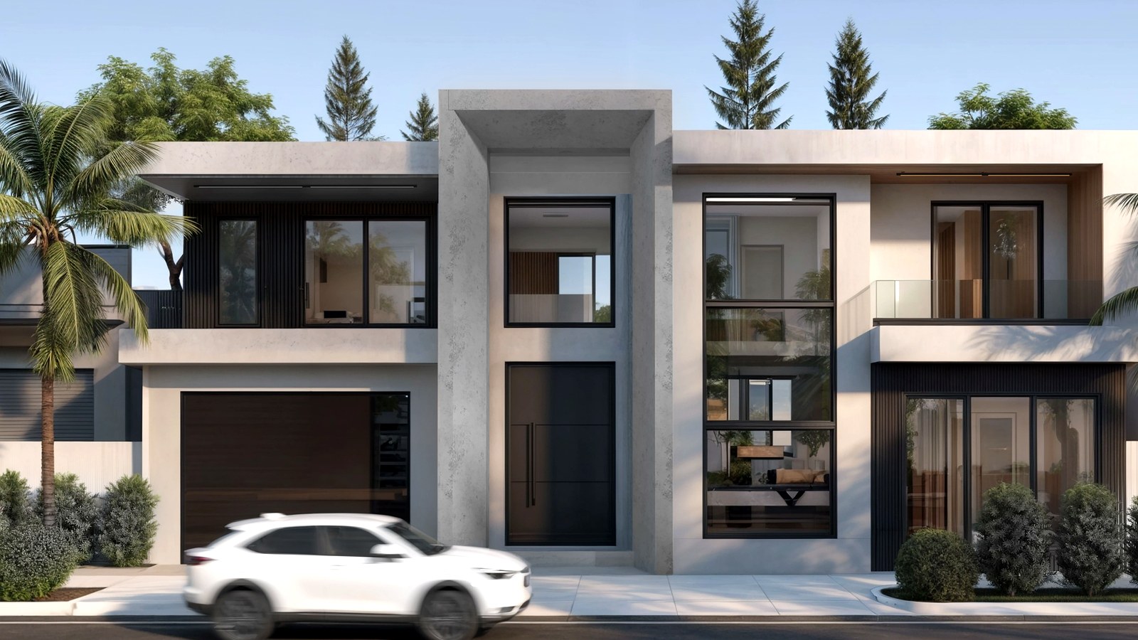 Photoreal Encino custom house exterior matching architect-led residential design, no text