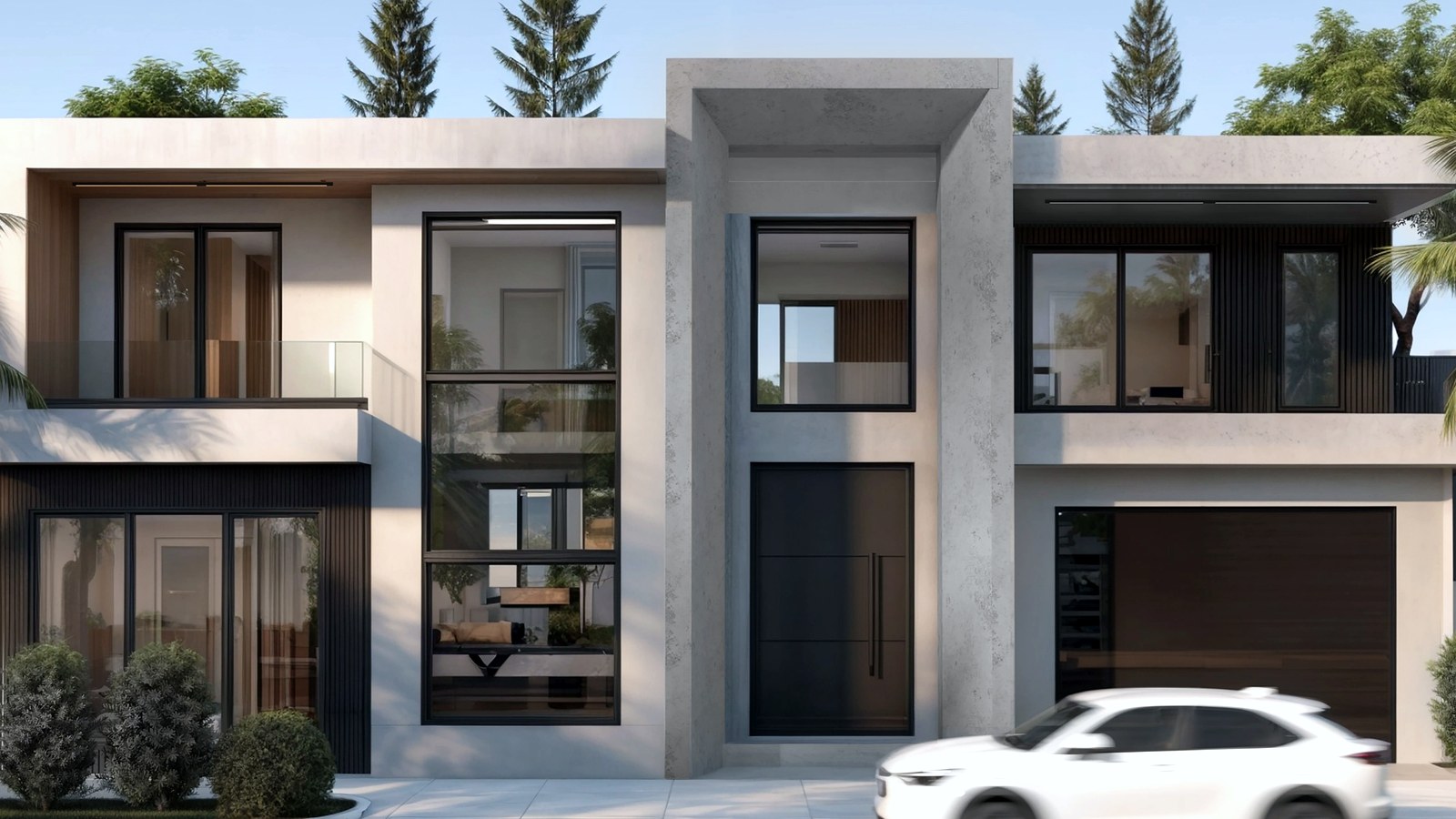 Photoreal Encino custom house exterior matching architect-led residential design, no text
