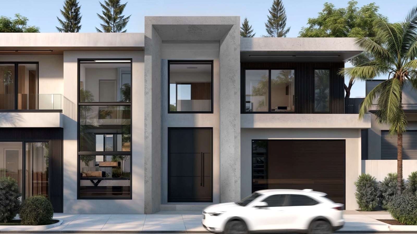 Photoreal Encino custom house exterior matching architect-led residential design, no text