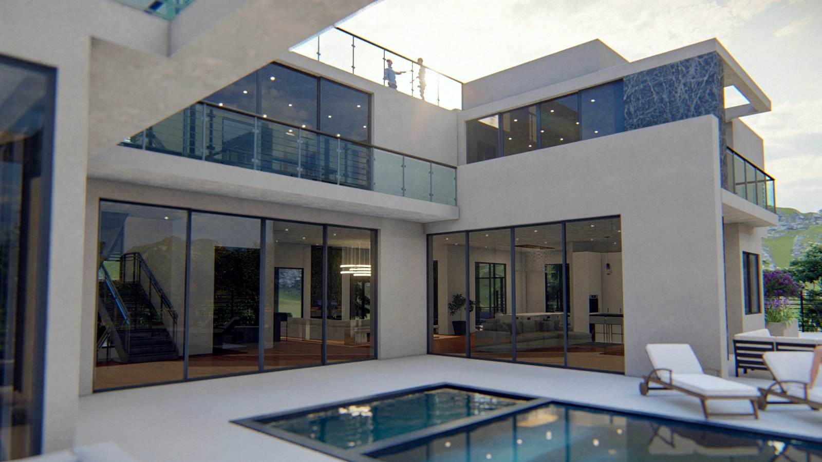 Photoreal plan review documents and custom home drawings on a table, no watermarks