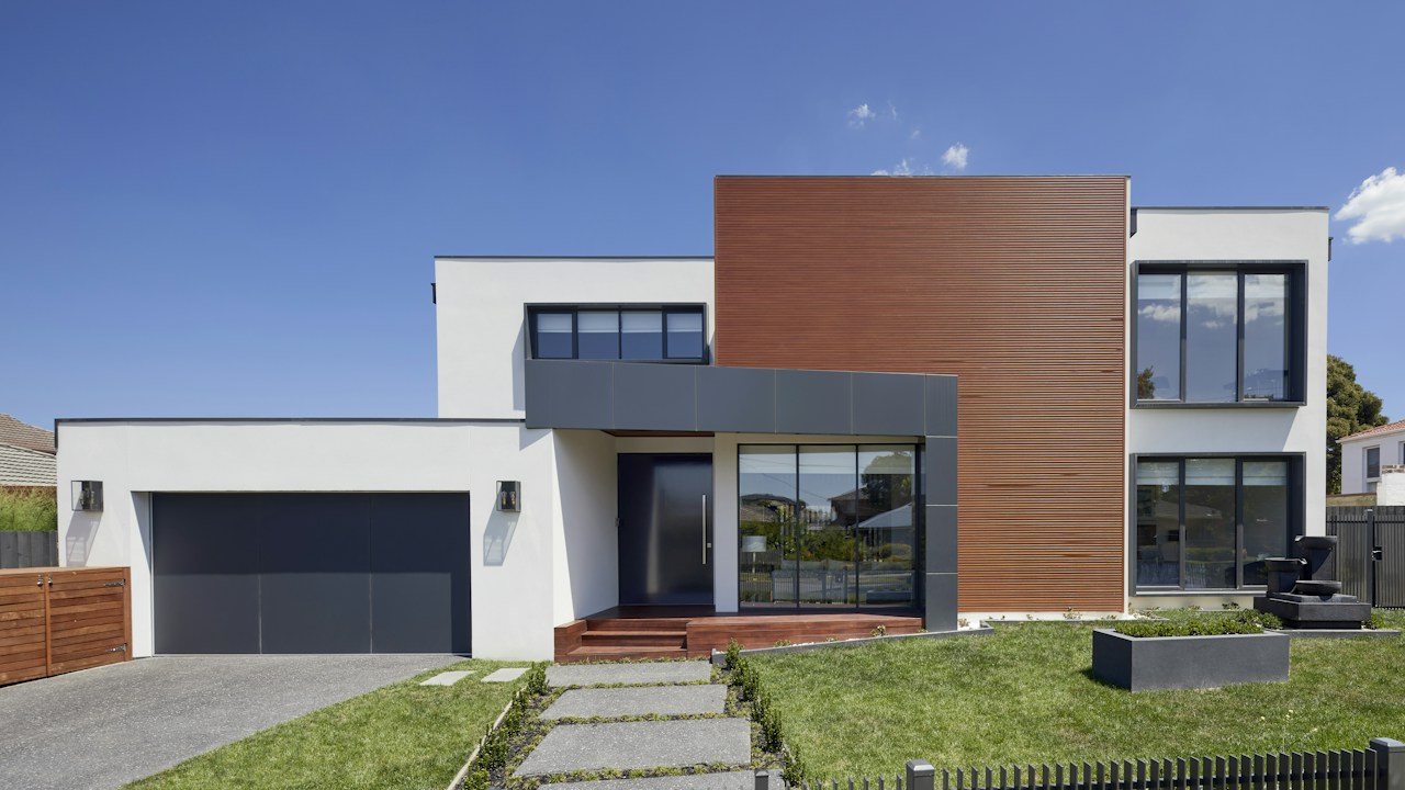 Photoreal Encino custom house exterior matching architect-led residential design, no text