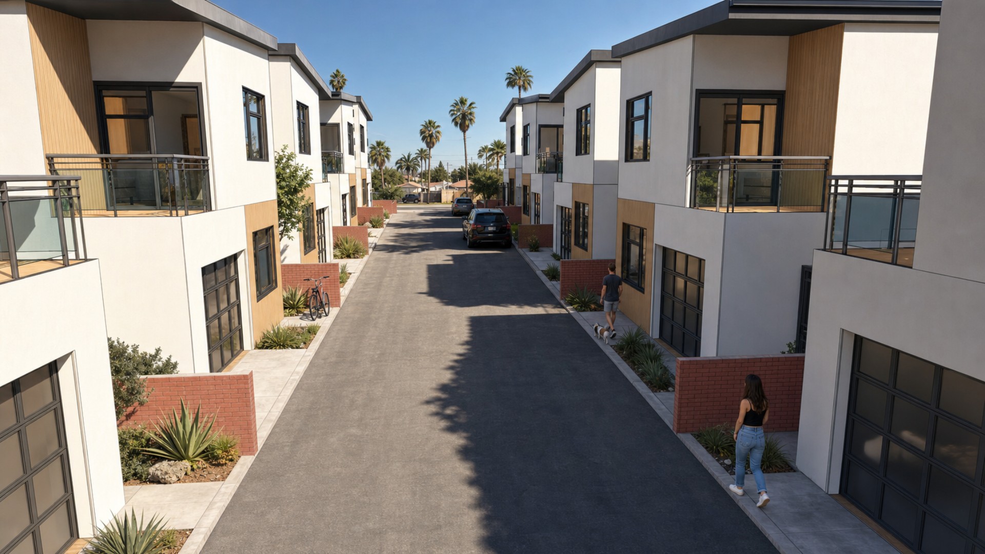 Shared access lane between Type A and Type B homes with garages, balconies and wood-look exterior accents