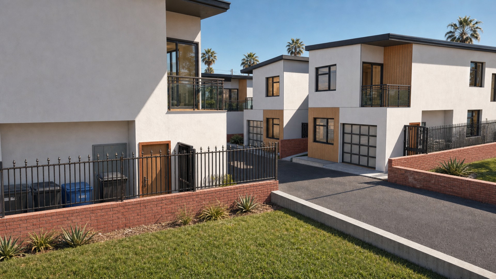 Close exterior rendering of the SFD and attached JADU buildings with stucco, wood-look siding and fenced yards