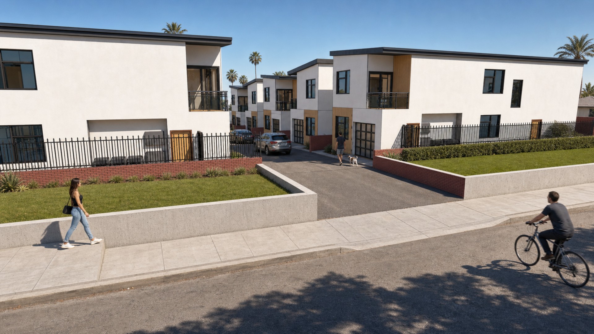 Street-level view into the residential access lane framed by two-story homes, garages and landscaped setbacks