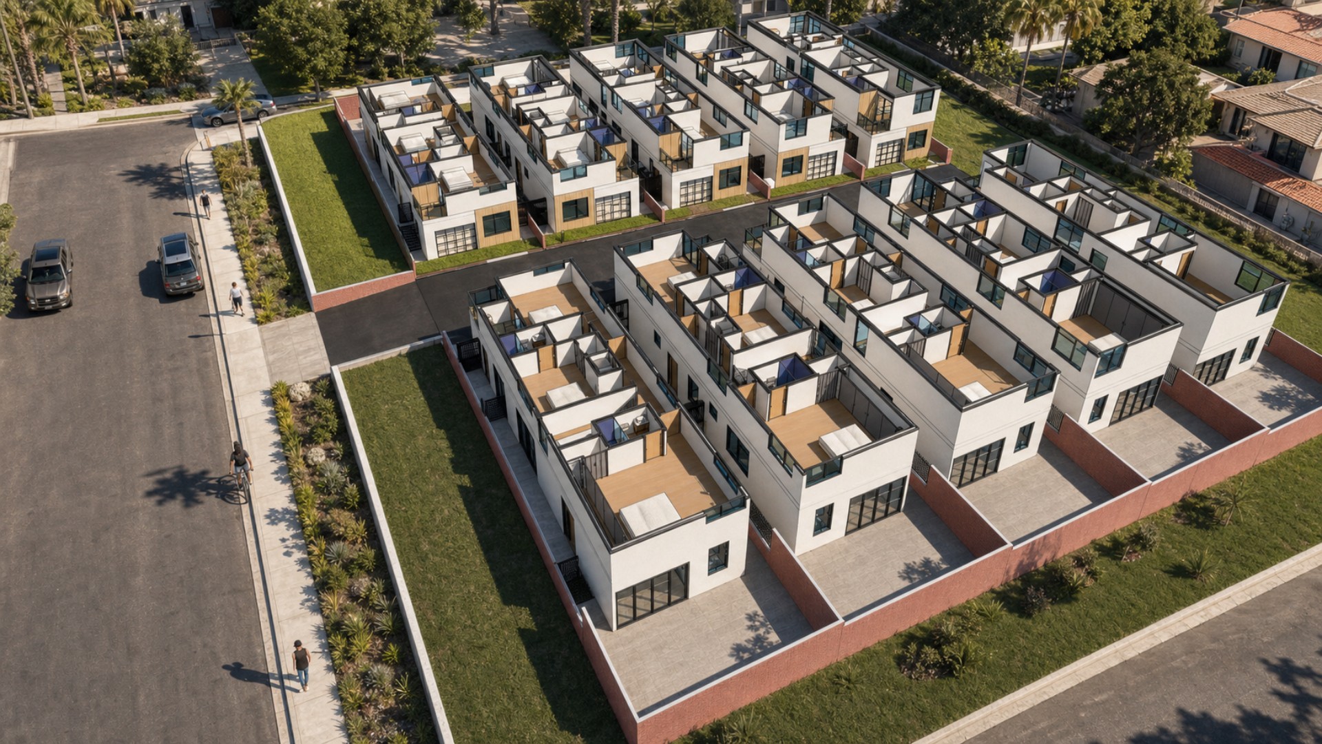 Aerial cutaway rendering showing the ten-lot site arrangement and upper-floor layouts of the proposed homes