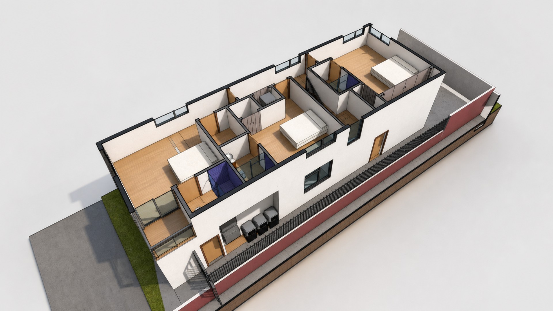Axonometric upper-floor cutaway showing three SFD bedrooms, bathrooms, circulation and balcony areas