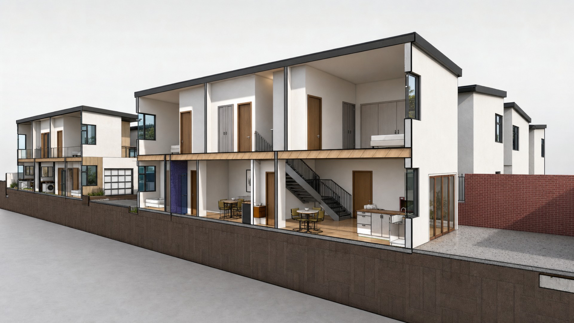 Section-cut perspective showing the two-story SFD and attached JADU interiors, stairs, kitchens and living areas