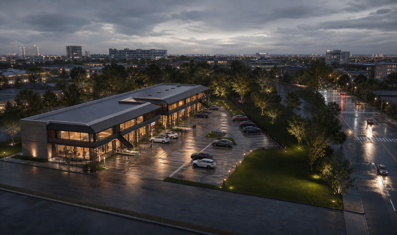 Wide aerial rendering showing the Lyons Equity office building, parking lot and surrounding Santa Clarita streetscape at dusk