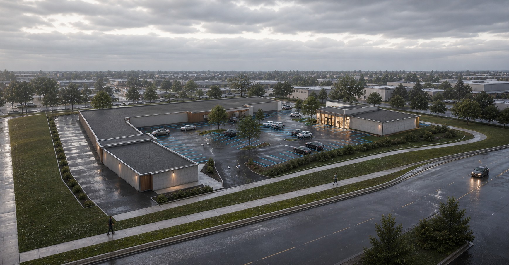 Elevated street-side rendering showing the expanded Fair Oaks retail plaza and landscaped parking area