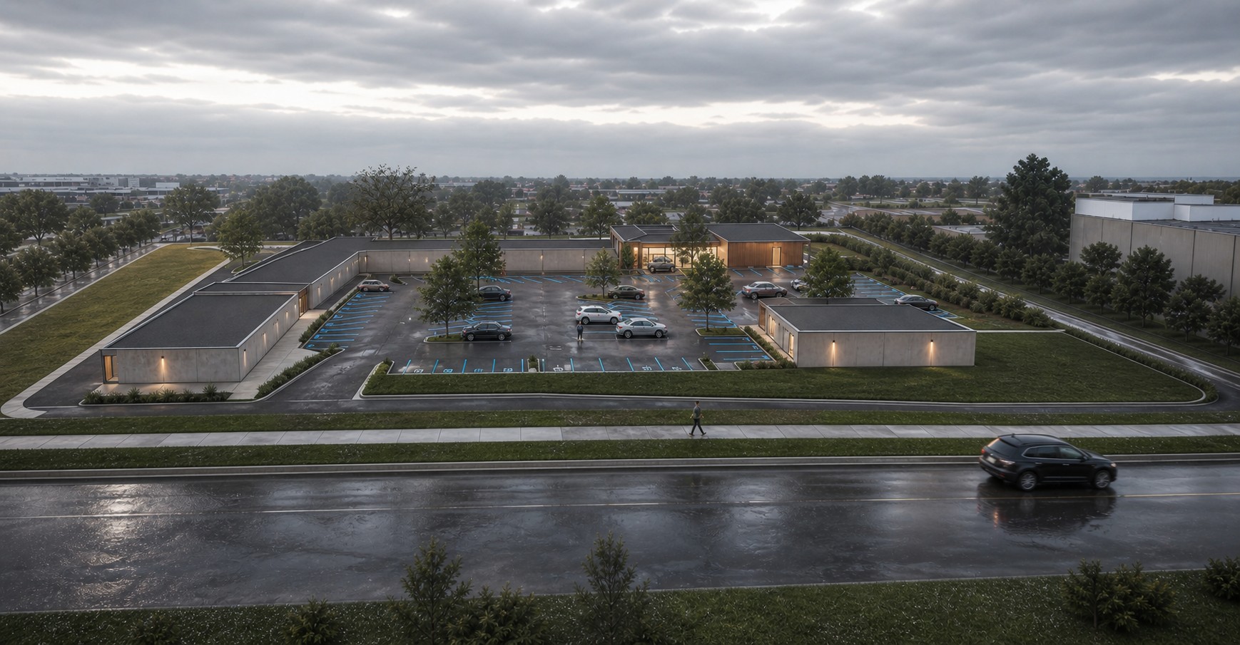 Front aerial rendering of the retail plaza with two new shop buildings and reorganized parking