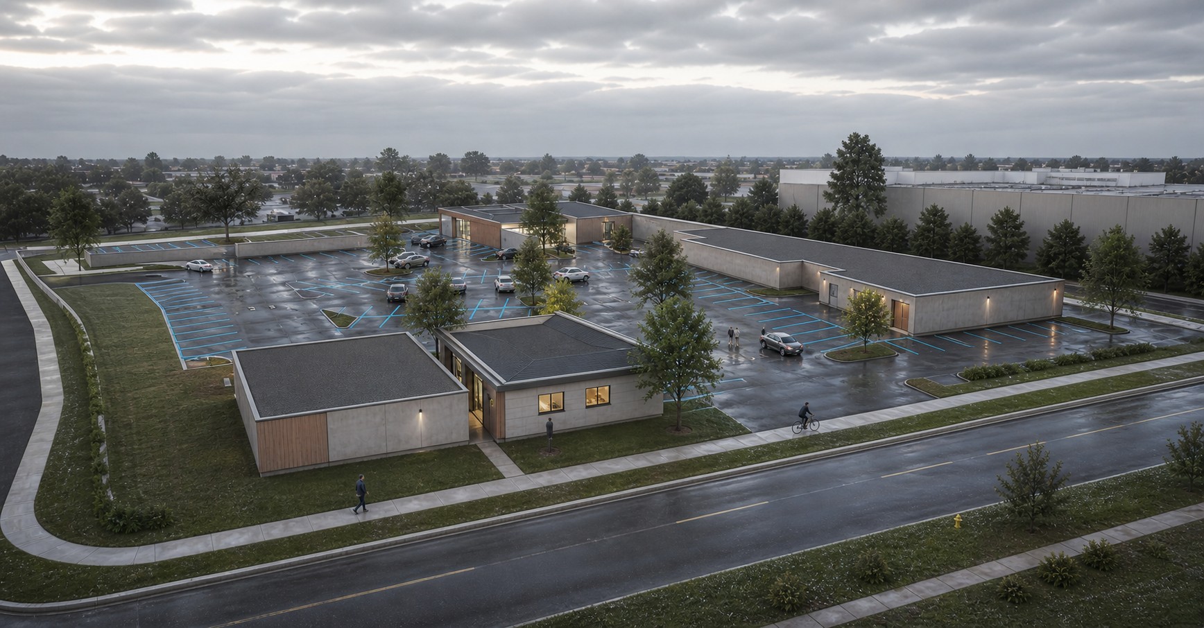 Aerial rendering highlighting the smaller street-edge shop building and central plaza circulation