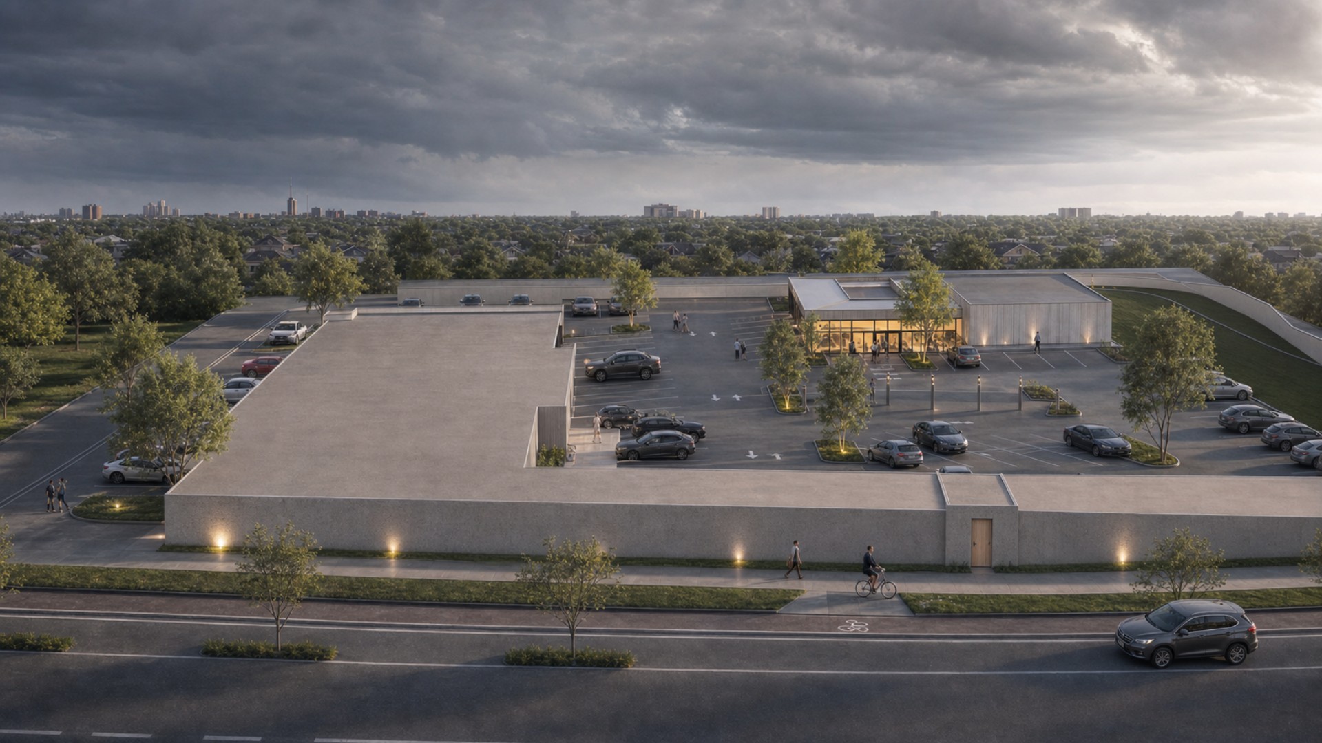 Street-facing aerial rendering of the commercial complex and central retail storefront