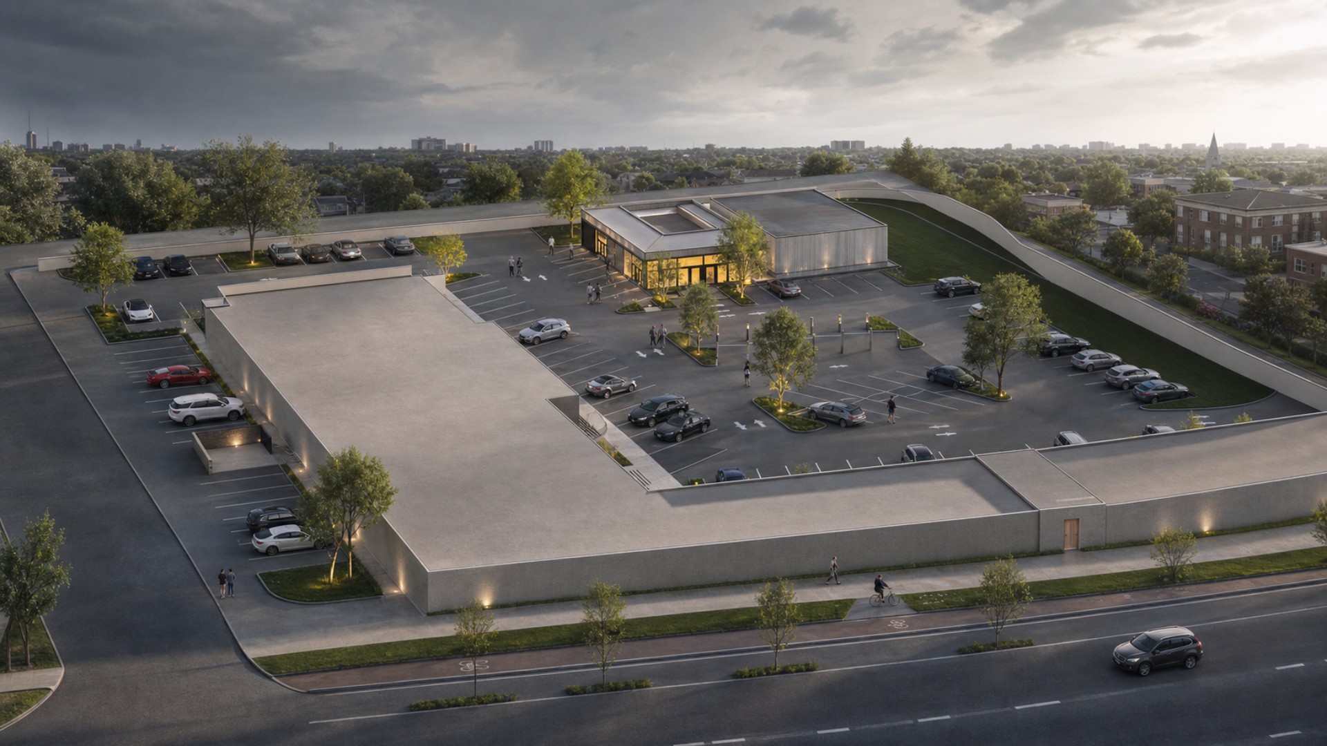 Concept rendering of the commercial plaza courtyard, parking and glazed retail entrance