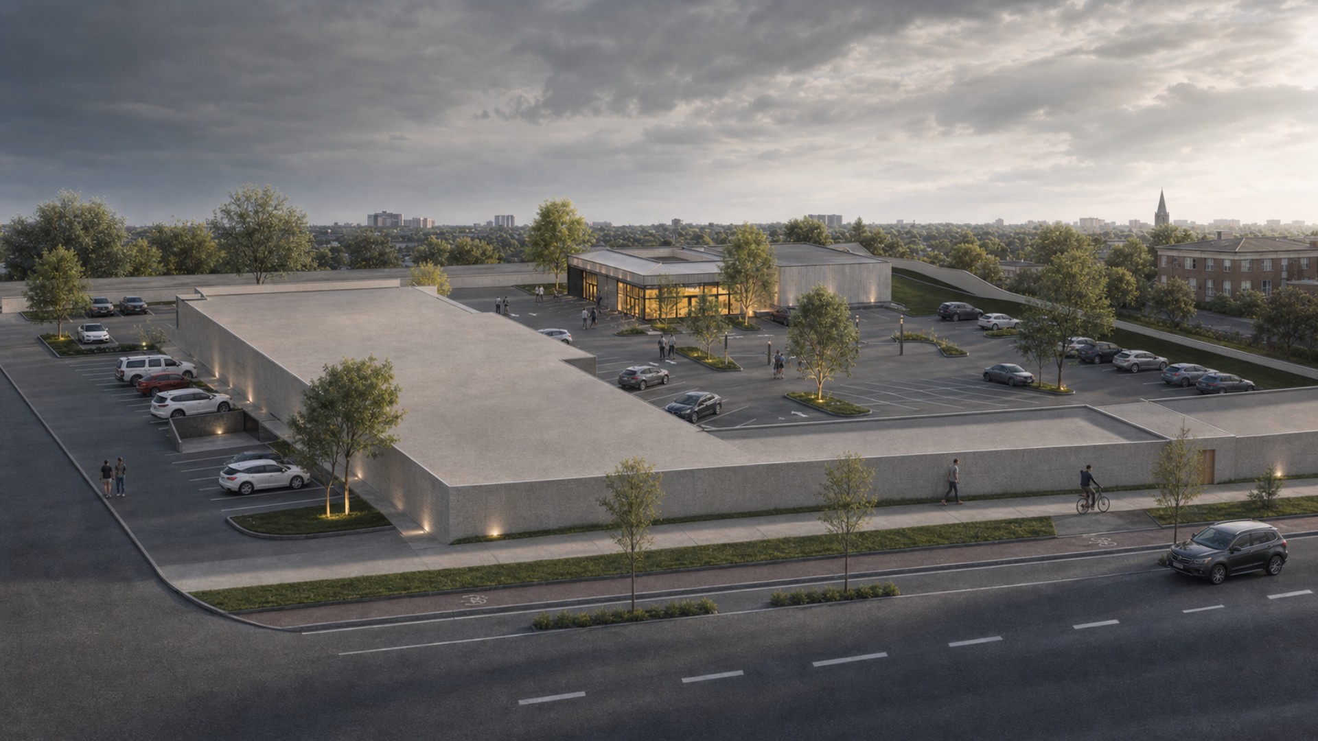 Elevated exterior rendering of the retail plaza with illuminated storefront and landscaped parking islands