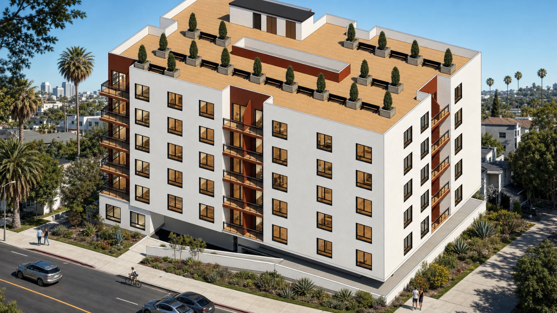 High-angle corner view of 812 Fuller Avenue highlighting stacked balconies, rooftop seating, and the seven-story building mass