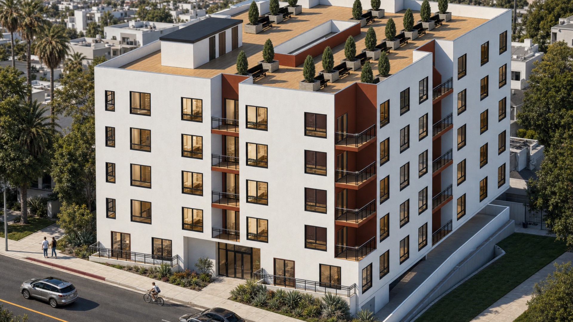 Front corner rendering of 812 Fuller Avenue showing the glazed entrance, private balconies, rooftop terrace, and perimeter landscaping