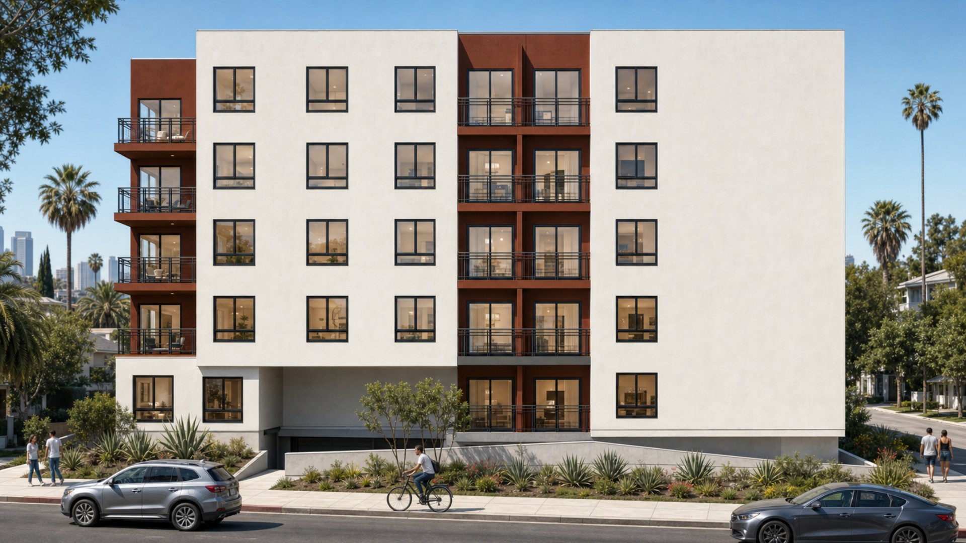Straight-on elevation rendering of 812 Fuller Avenue featuring a white façade, red-brown balcony bays, black windows, and drought-tolerant landscaping
