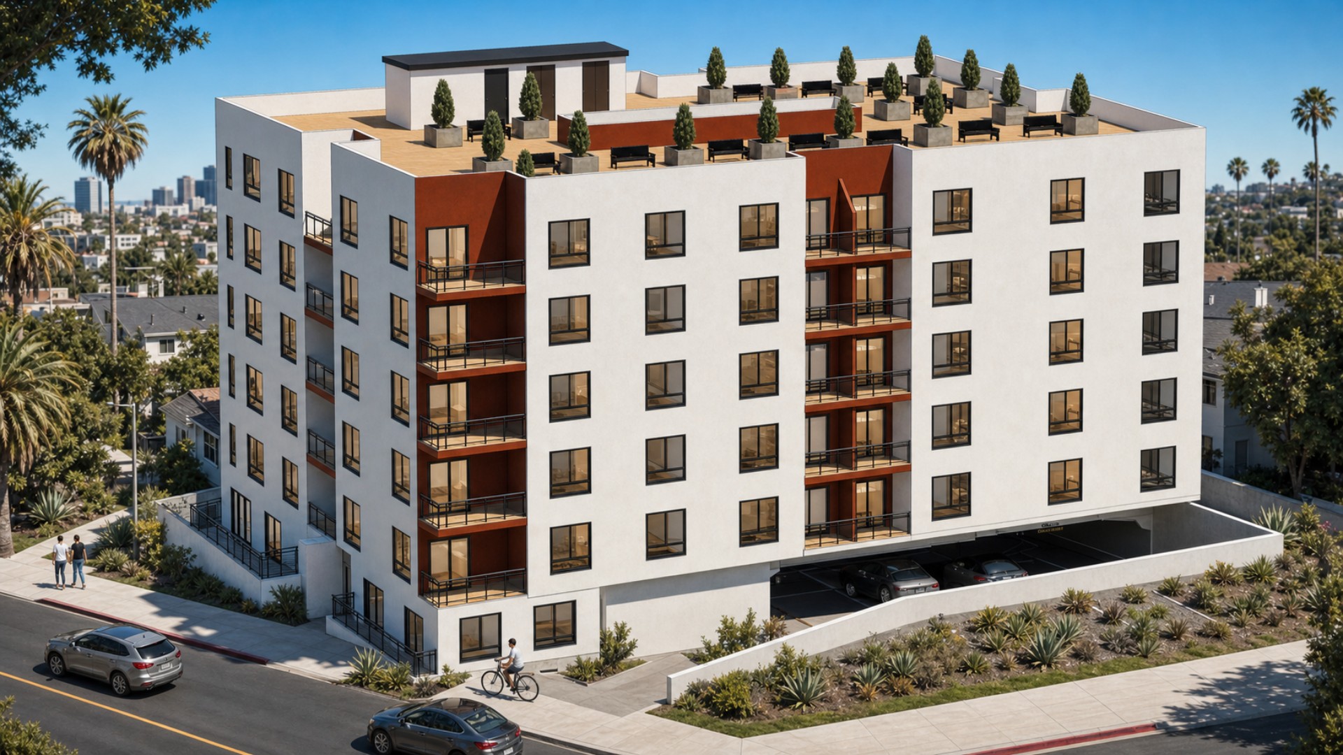 Aerial corner rendering of 812 Fuller Avenue showing the seven-story affordable housing building, recessed balconies, parking level, and rooftop terrace