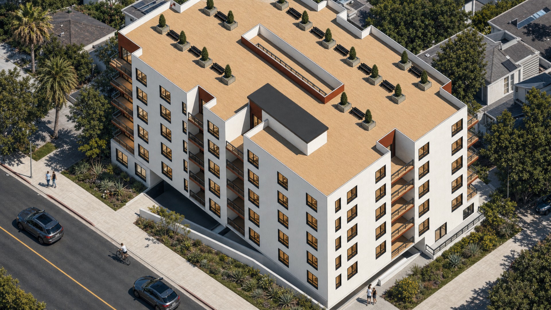 Top-down aerial rendering of the Fuller Avenue project emphasizing the expansive rooftop terrace, planters, benches, and perimeter balconies