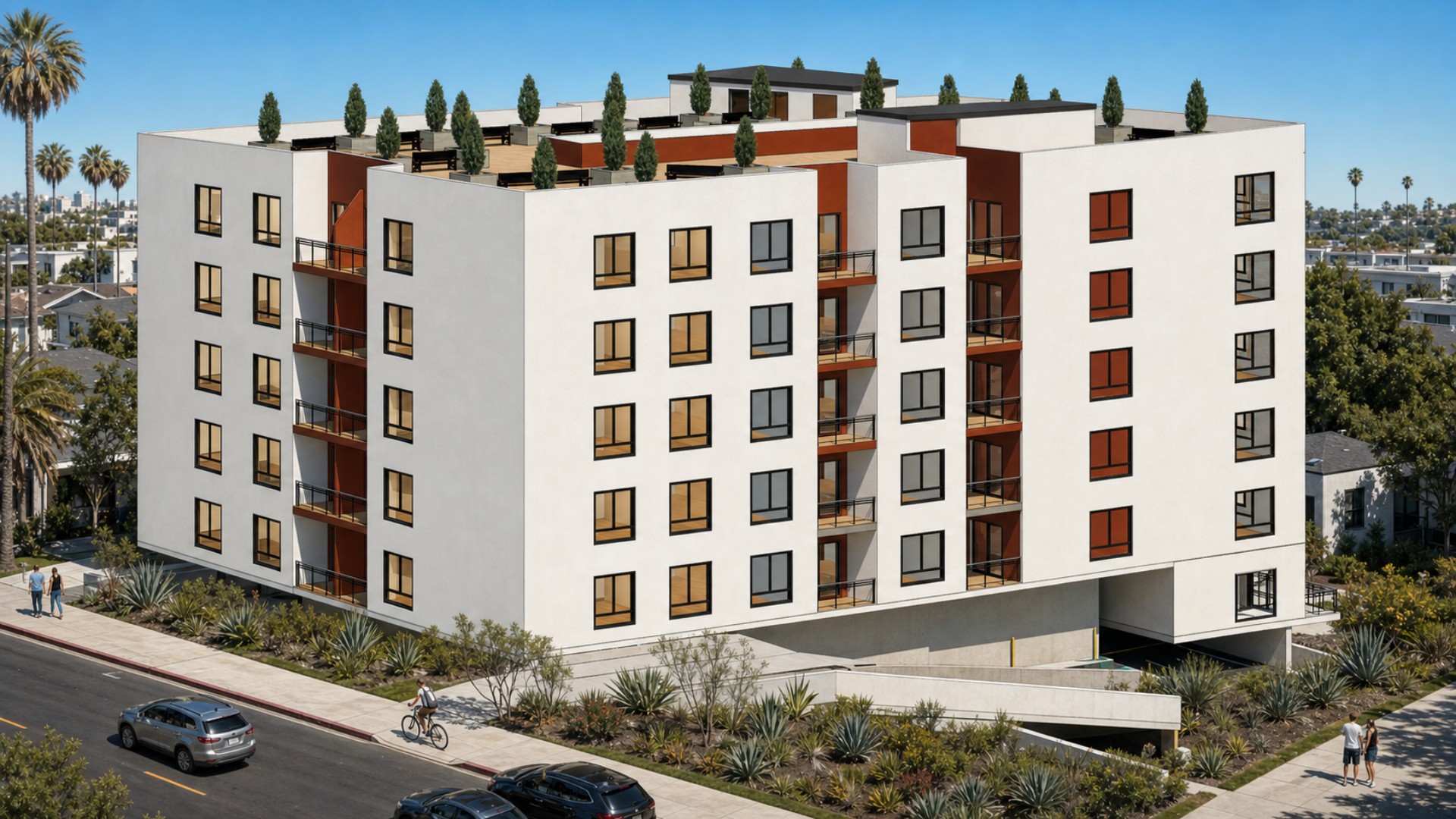 Exterior rendering of 812 Fuller Avenue showing the parking ramp, white building volumes, recessed balconies, and rooftop plantings