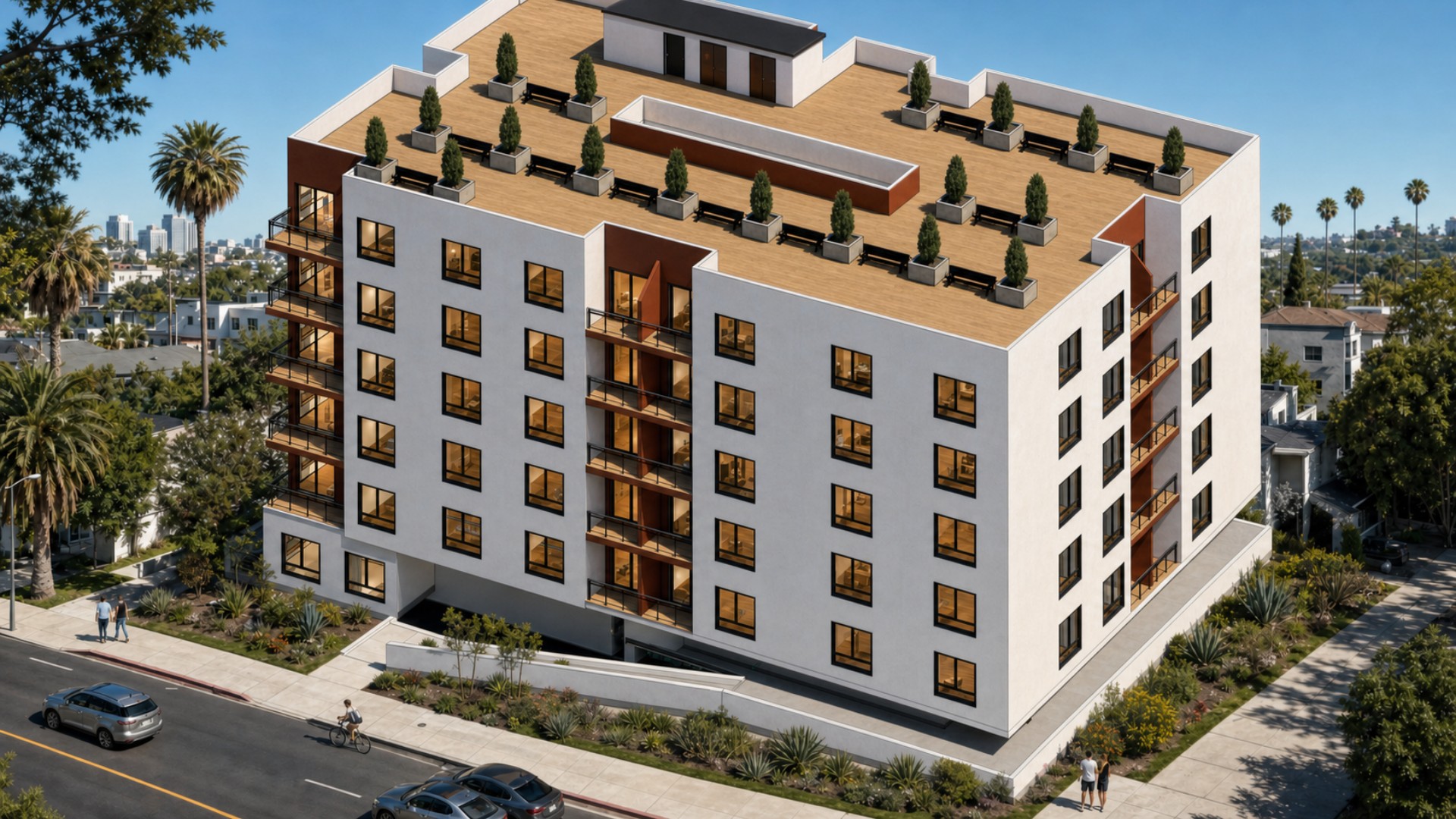 High-angle street rendering of the seven-story Fuller Avenue project with warm balcony accents and a furnished rooftop terrace