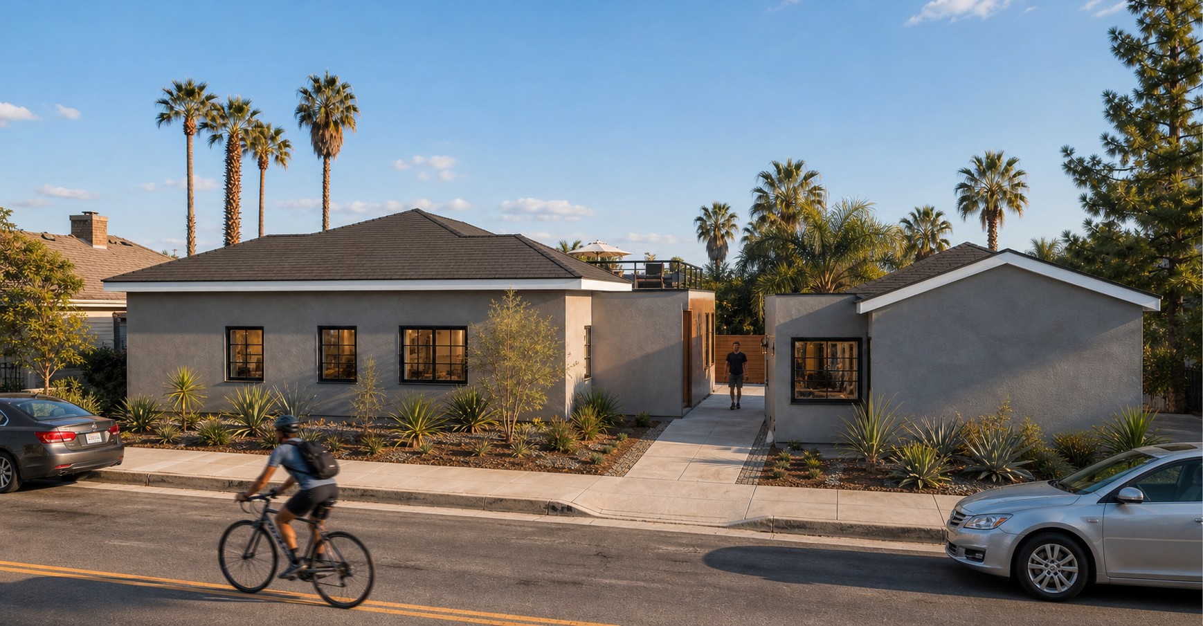 Alternate street view of the Hatteras Street home showing the landscaped frontage and detached garage