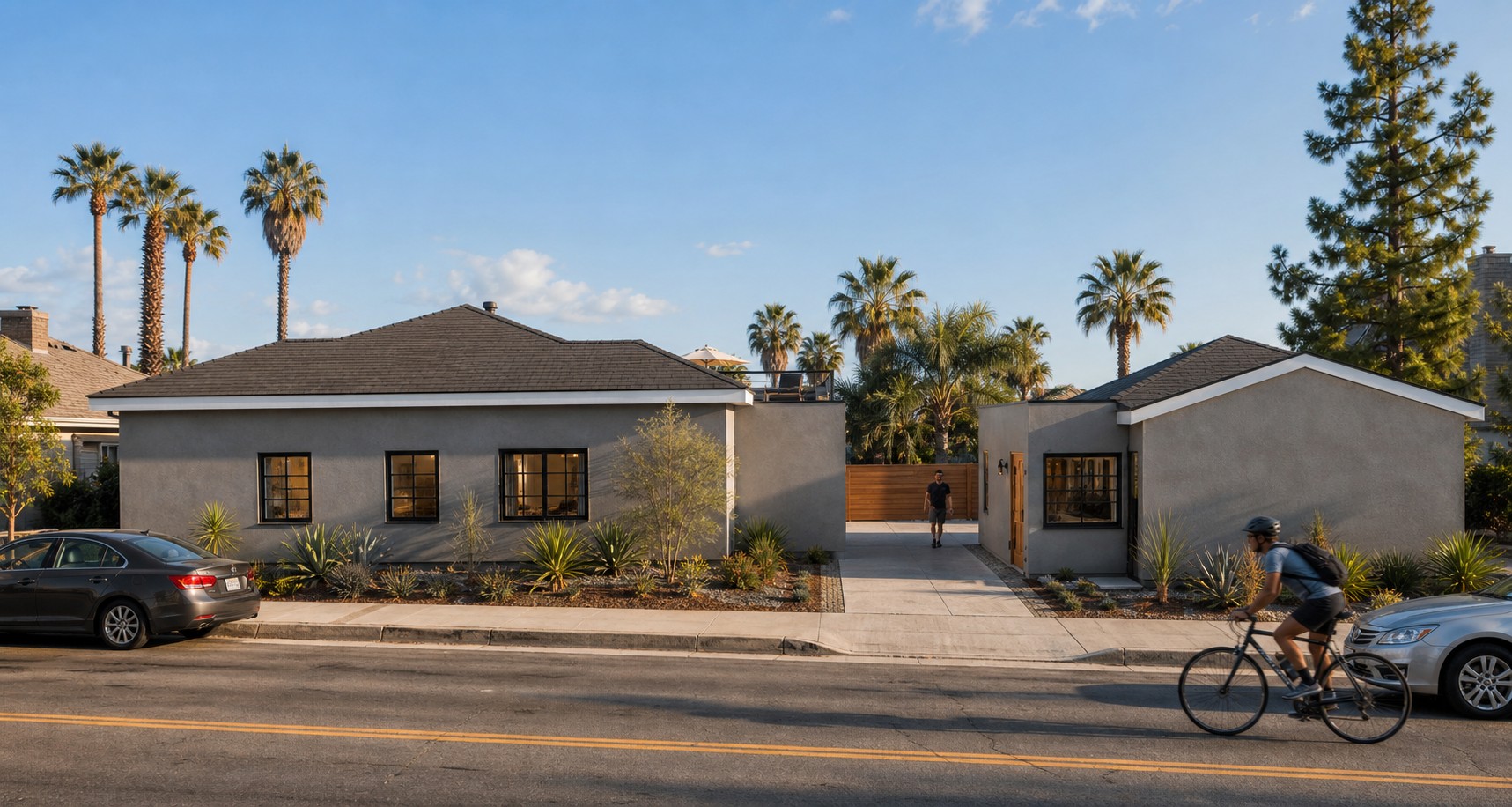 Street-facing concept rendering of the Hatteras Street residence with gray stucco walls, dark roofing and a central walkway
