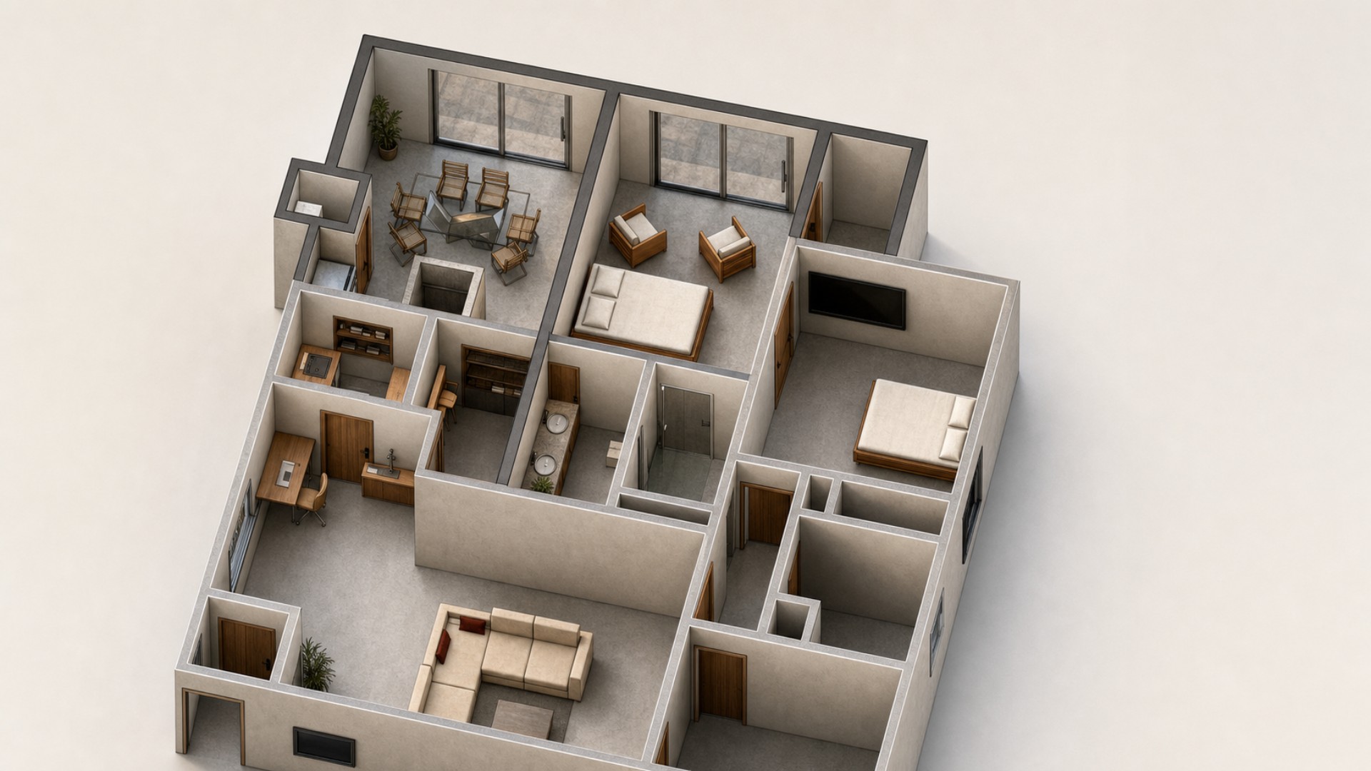 Section-cut interior rendering illustrating the planned bedroom, bathroom, living and dining spaces