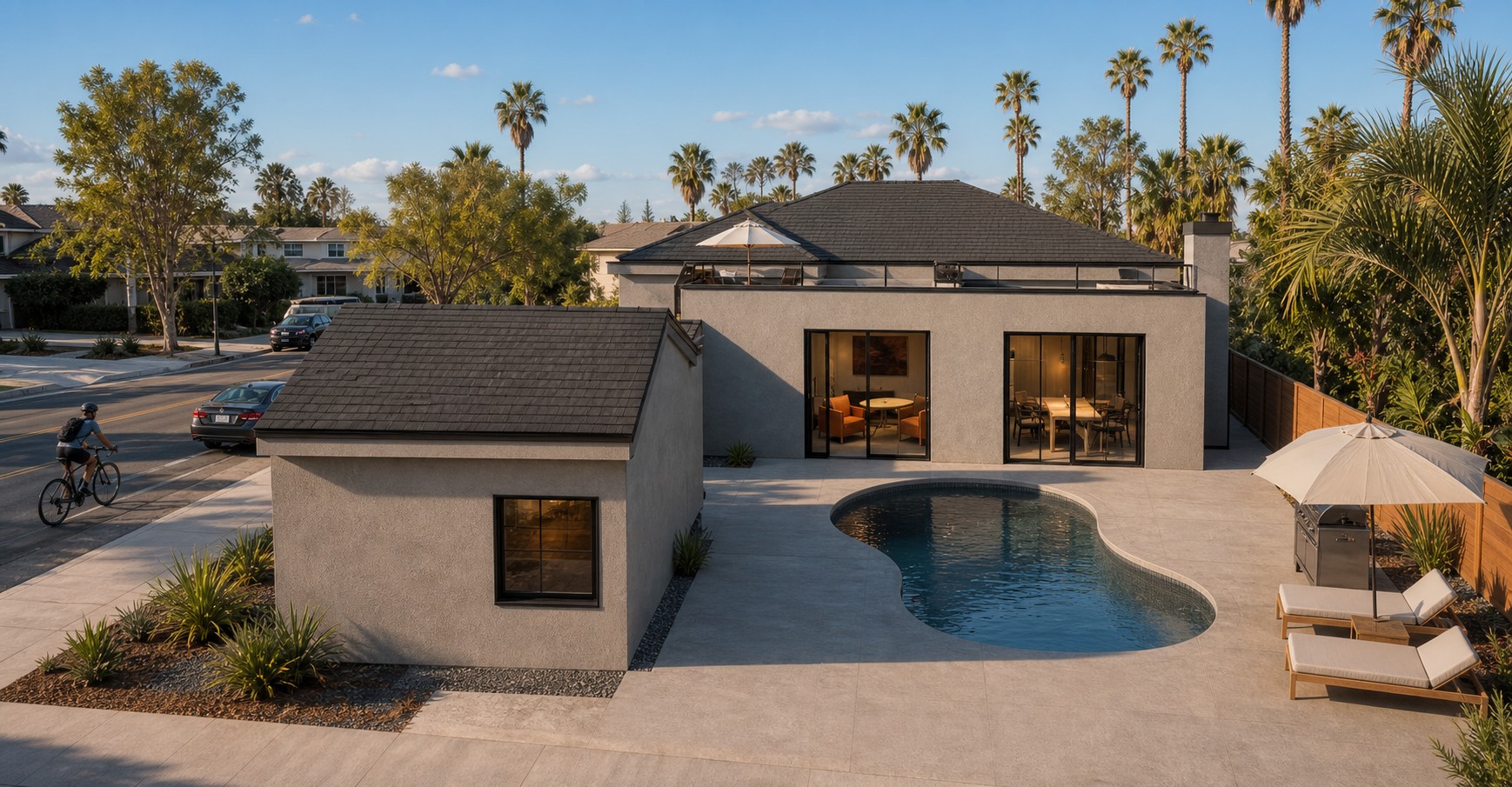 Elevated backyard concept rendering showing the existing pool, detached garage and large sliding doors