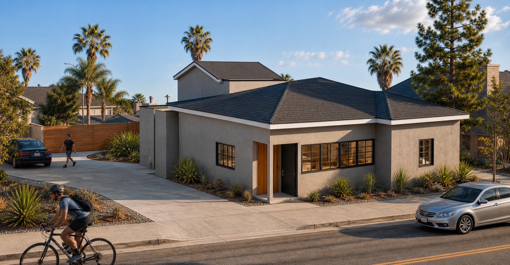 Front-corner concept rendering of the expanded single-family home with pitched roofs and dark-framed windows