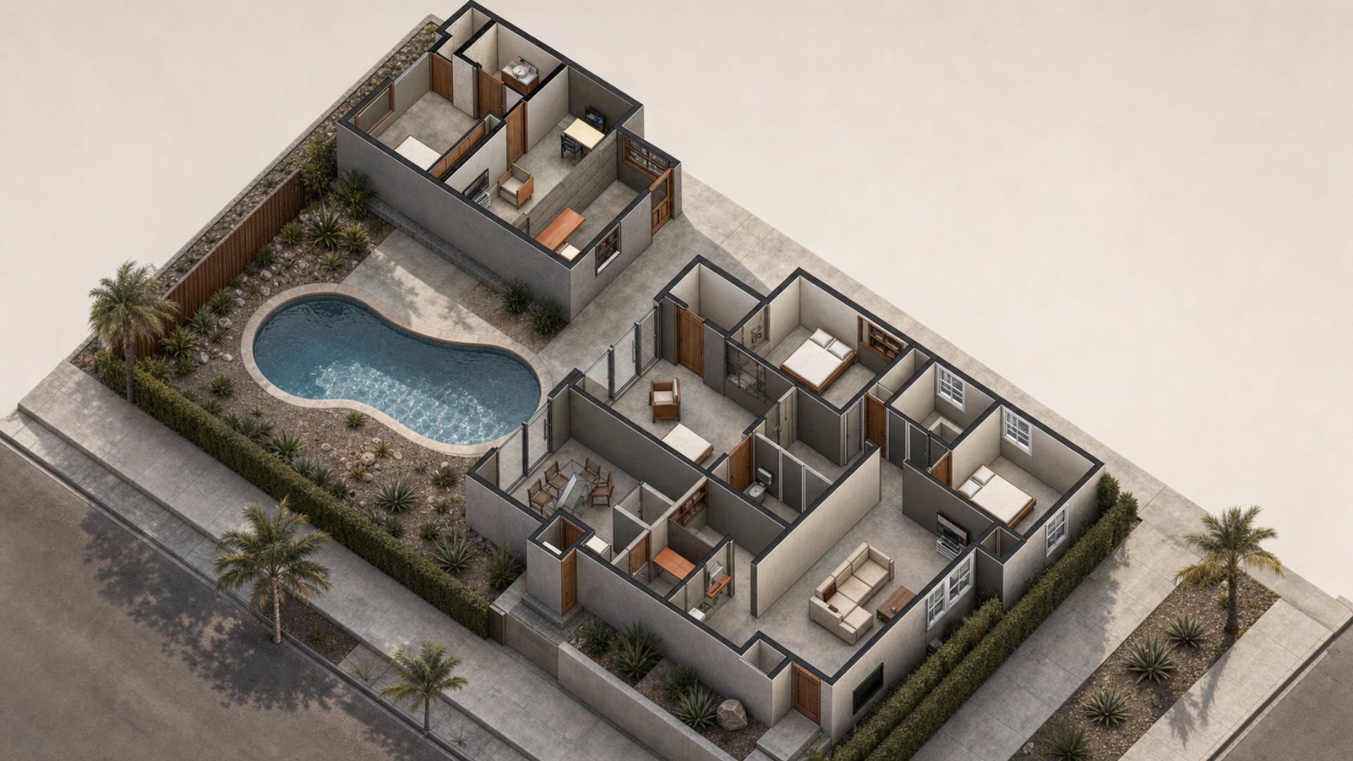 Aerial section-cut site rendering showing the residence, detached structure and existing pool arrangement