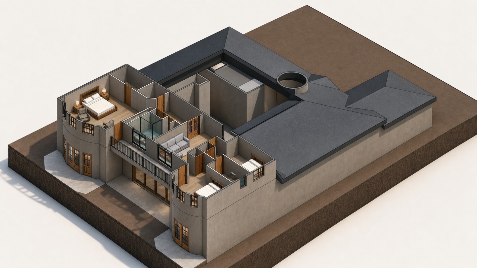 Cutaway axonometric rendering of the proposed second level with bedrooms, bathrooms, lobby, and balcony