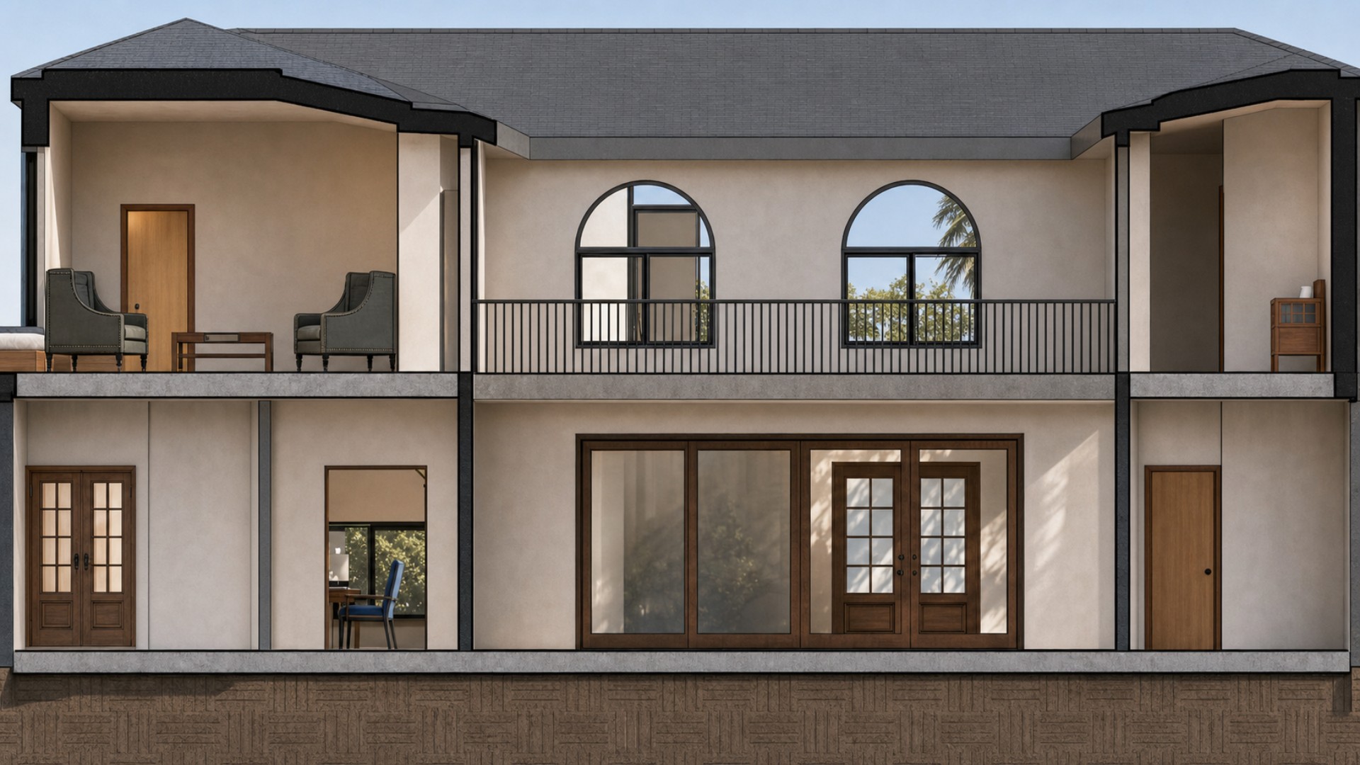 Section-cut rendering through the two-story addition showing the balcony, arched windows, and interior openings