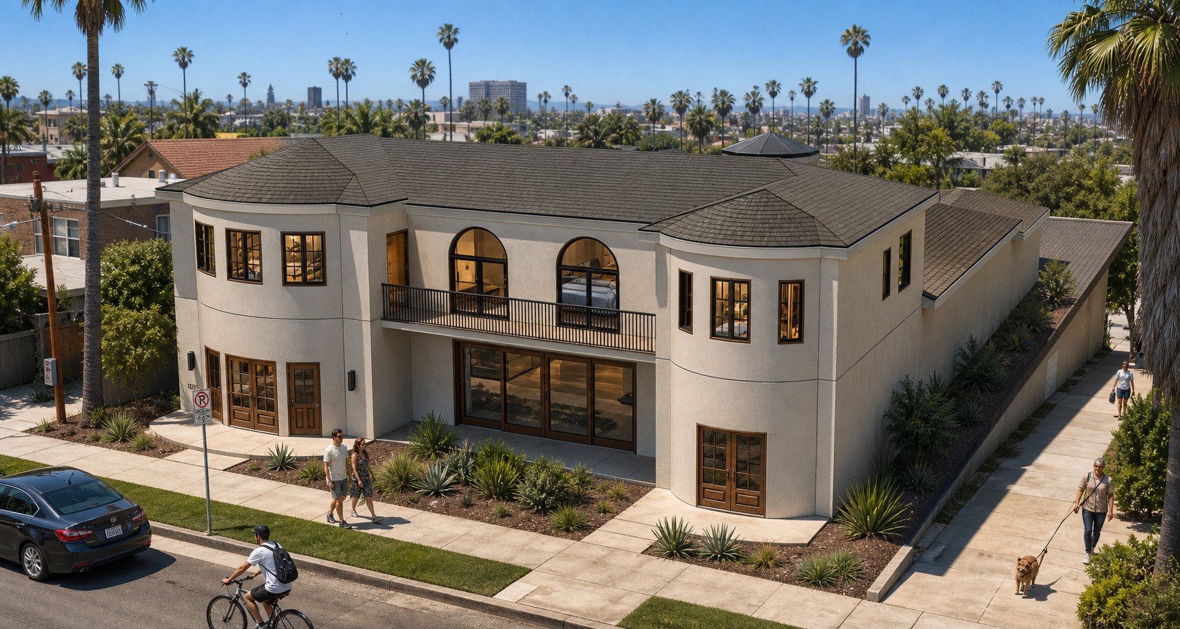 Architectural rendering of the Tarzana addition showing arched upper windows, dark roofing, and landscaped frontage